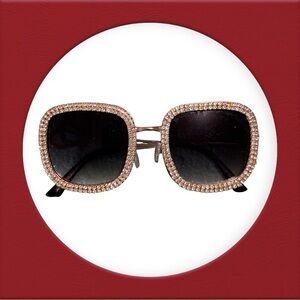 Black/Gold Square Oversized Women's Sunglasses with Diamond Stud Decorated Lens